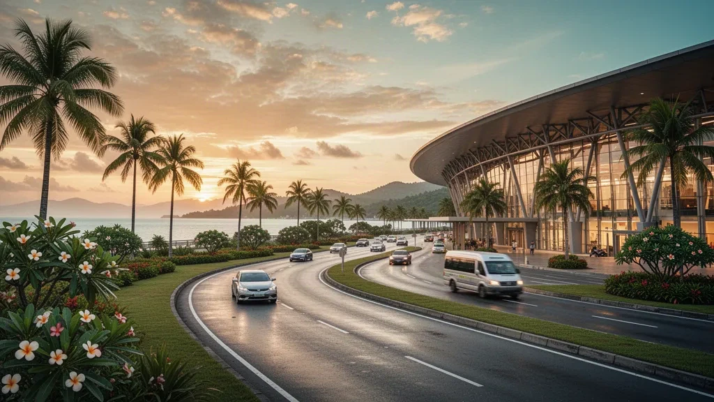 Modernes Terminal mit Glasfassade und geschwungenem Dach sowie Abholspuren am Straßenrand am Kota Kinabalu International Airport bei tropischem Sonnenuntergang