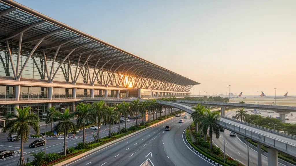 Flughafen Suvarnabhumi in Bangkok mit moderner Glasarchitektur des Terminals, Zufahrtsstraßen und Beleuchtung zur goldenen Stunde