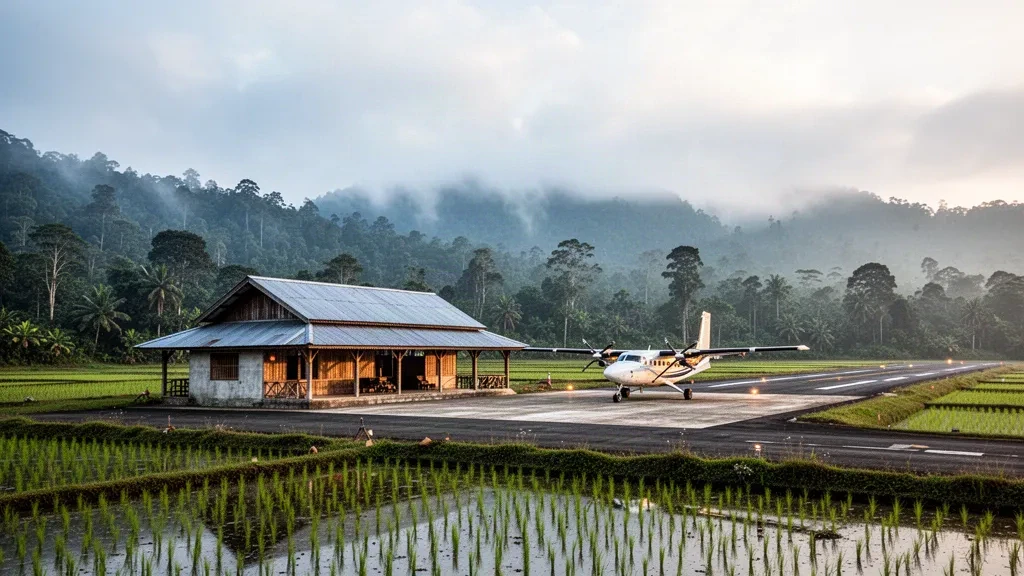 Small highland airstrip and terminal pavilion at Bakalalan Airport in Sarawak's Kelabit Highlands, framed by misty rainforest ridges