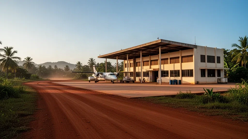 Warme Ansicht zur goldenen Stunde auf das niedrige Terminal und das Vorfeld des Flughafens Boké Baralande in Guinea, Westafrika.