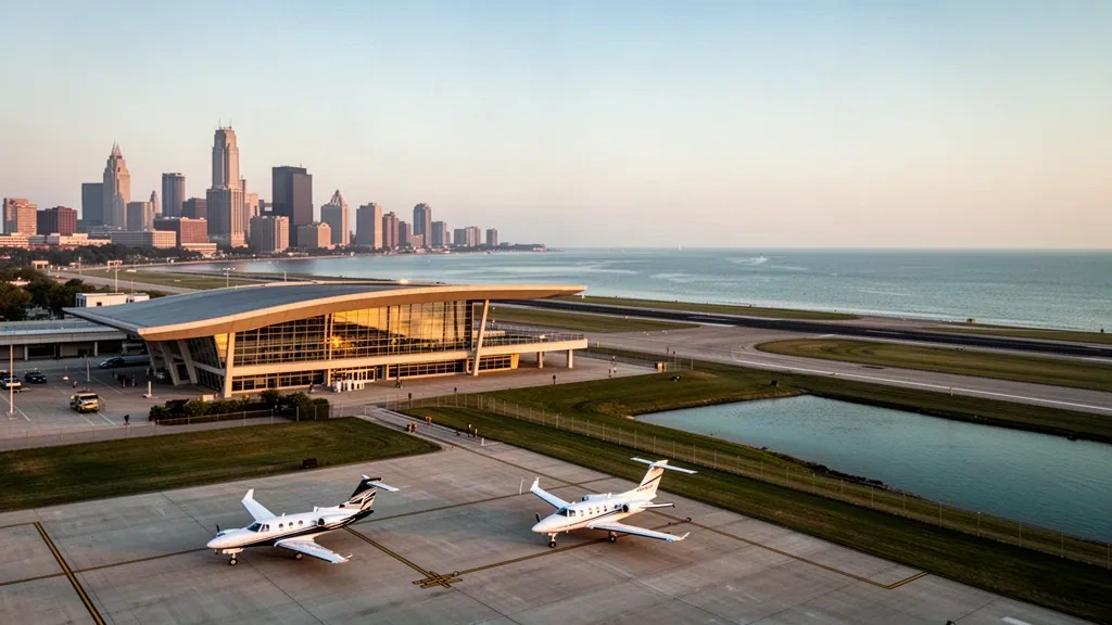 Modernes Terminal und Startbahn am Seeufer des Burke Lakefront Airport in Cleveland mit der Skyline der Innenstadt im warmen goldenen Abendlicht