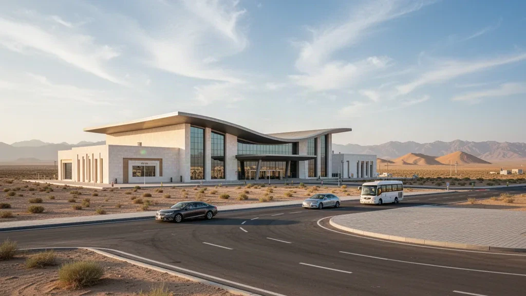 Esterno del terminal moderno dell'aeroporto internazionale di Balkanabat in Turkmenistan, incorniciato dalla steppa desertica e da montagne velate nella calda luce pomeridiana