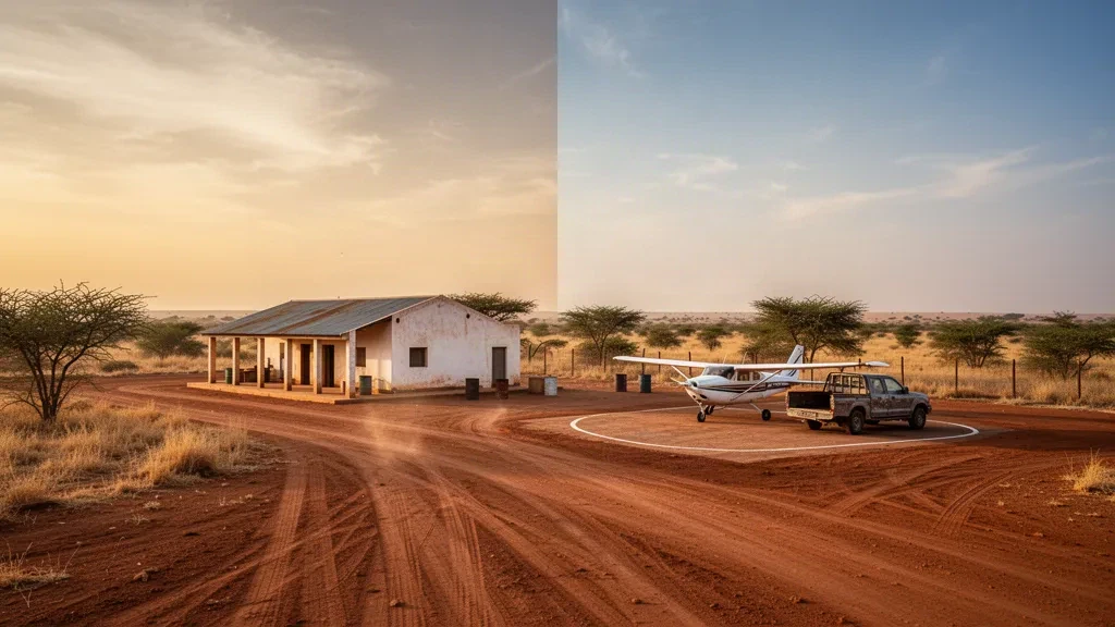 Blick zur goldenen Stunde auf eine staubige Erdrollbahn und ein kleines Terminal am Flughafen Bokoro im Tschad, umgeben von trockenem Sahel-Buschland