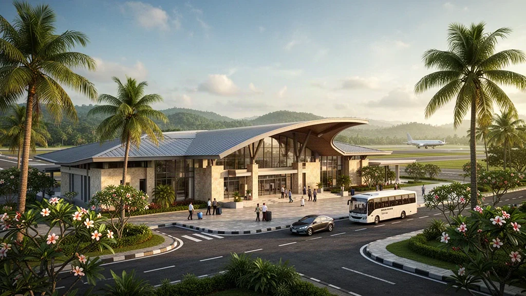 Endonezya'nın Bengkulu kentindeki Fatmawati Soekarno Havalimanı'nda altın saatlerde modern tropikal terminal ve palmiye ağaçlarıyla çevrili yolcu indirme şeritleri