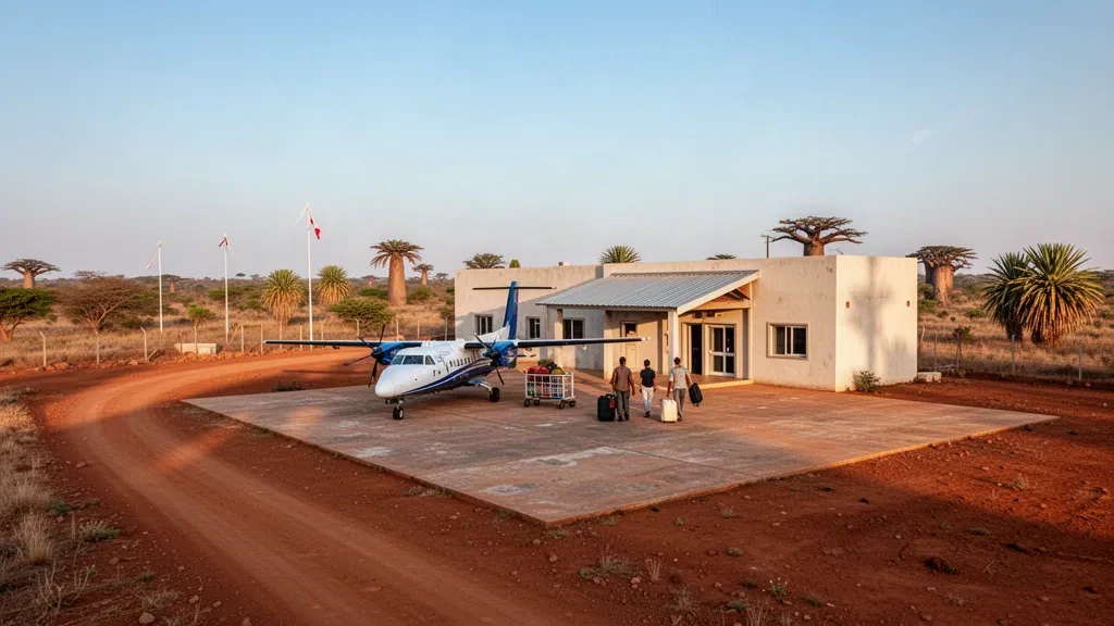 Petit terminal régional et tarmac à avions turbopropulseurs à l'aéroport de Betioky, dans le sud de Madagascar, à l'heure dorée