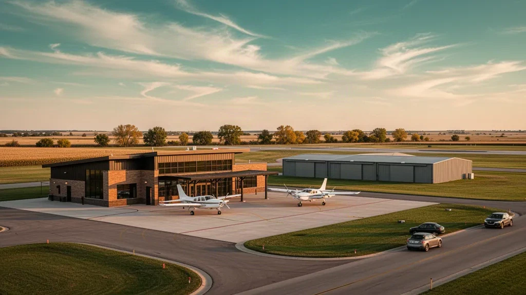 Terminal d'un seul niveau, hangars et petits aéronefs d'aviation générale sur l'aire de trafic à l'aéroport régional de Brookings dans le Dakota du Sud à l'heure dorée