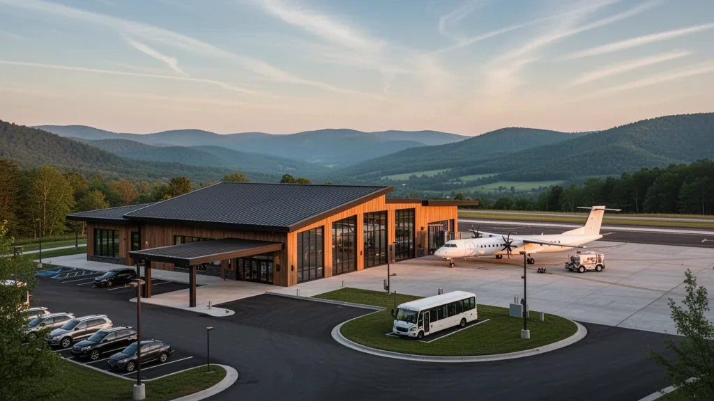 Batı Virginia'daki Raleigh County Memorial Airport'ta altın saatlerde ormanlık Appalachian sırtlarıyla çevrili modern terminal ve uçak park alanı