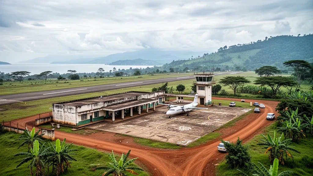Petit terminal, tarmac et piste de l'aéroport de Bukavu Kavumu entourés de collines verdoyantes et de routes en terre rouge dans l'est de la RD Congo