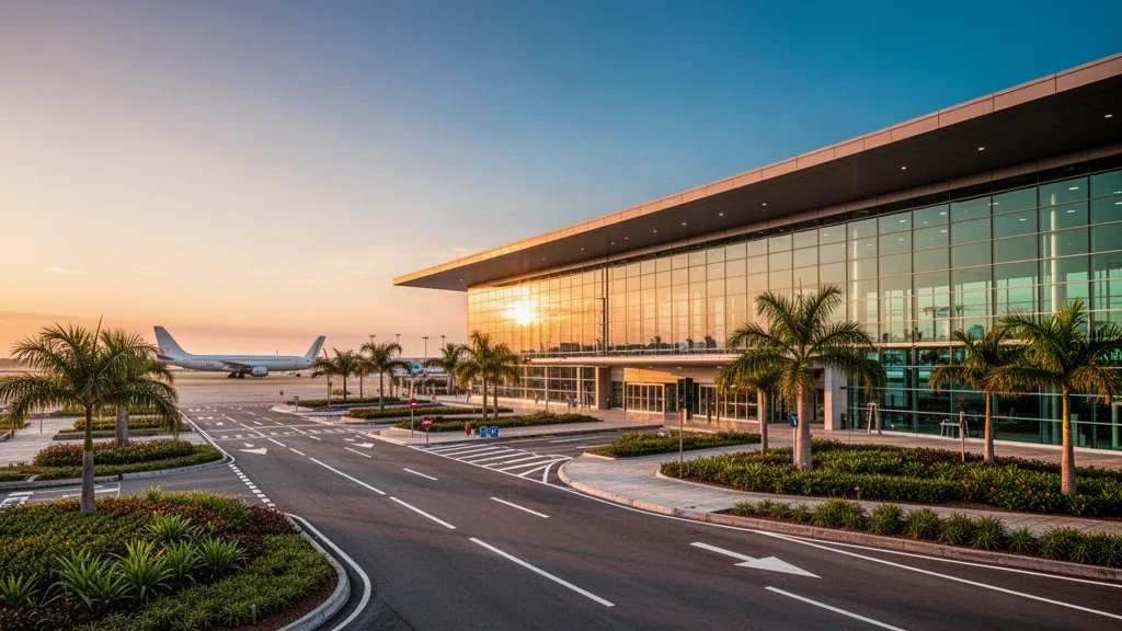 Exterior moderno de la terminal del Aeropuerto Internacional General José Antonio Anzoátegui en Barcelona, Venezuela, iluminado en la hora dorada con vías de acceso despejadas.
