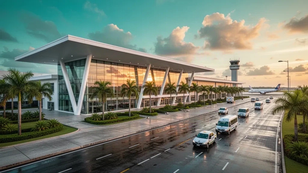 Extérieur moderne du terminal de l'aéroport international Panamá Pacífico avec des voies de dépose bordées de palmiers et une lumière dorée de fin de journée au Panama.