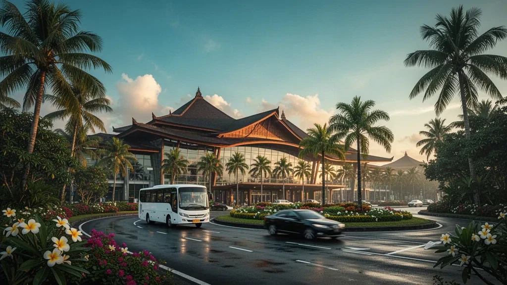 Extérieur moderne d'un terminal de style balinais à l'aéroport international Ngurah Rai de Bali, avec des palmiers et une route d'accès à l'heure dorée