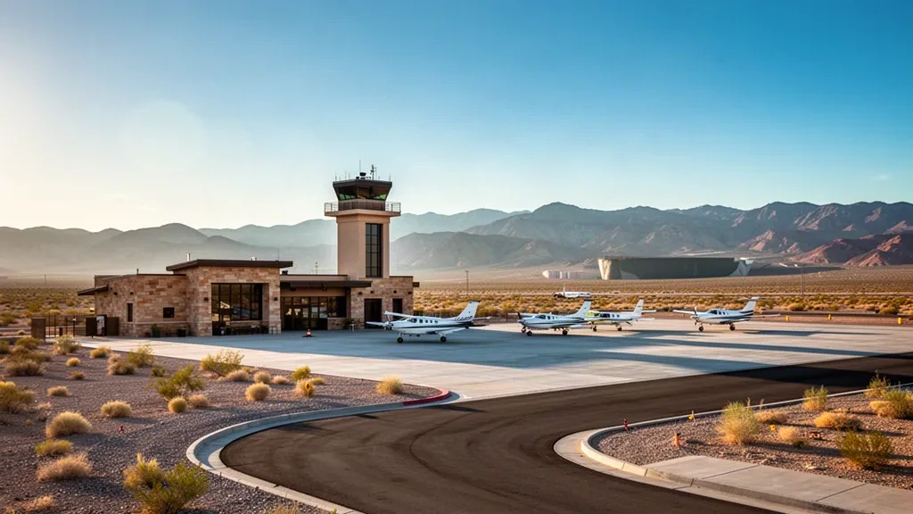 Boulder City Municipal Airport terminal and desert apron with light aircraft under a clear Nevada sky near Lake Mead
