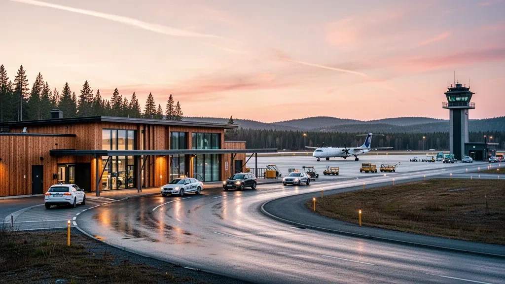 Modern glass and timber terminal exterior at Dala Airport in Borlänge, Sweden, with apron aircraft and pine forest at golden hour