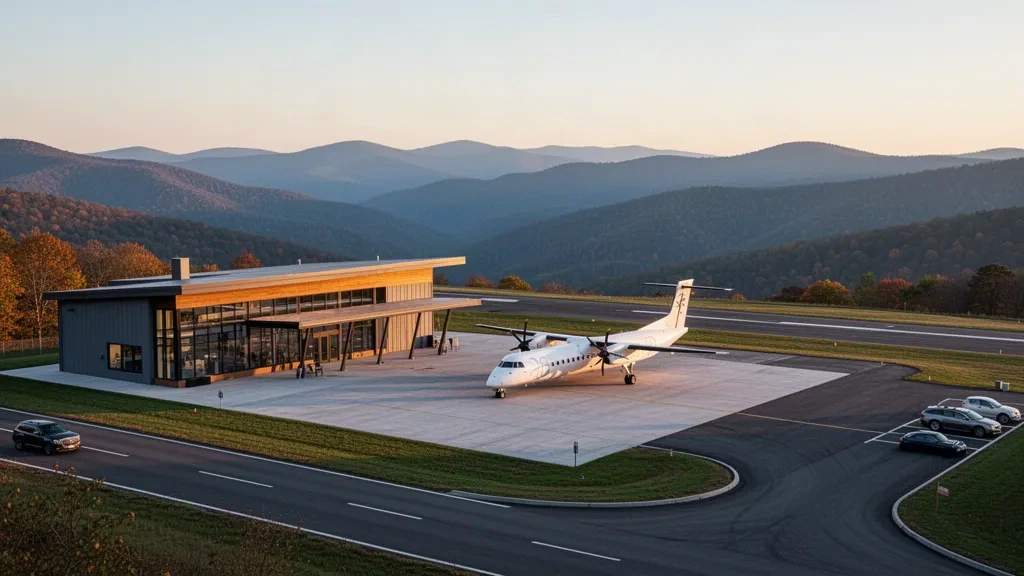 Avión turbohélice regional estacionado frente a una pequeña terminal acristalada en el aeropuerto de Mercer County, en las montañas Apalaches, al amanecer