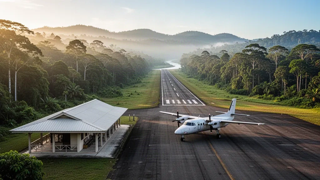 Terminal aeroportuale tropicale remoto e breve pista nella foresta pluviale che serve Belaga nel Sarawak, Borneo, Malaysia, nella soffusa luce del mattino.