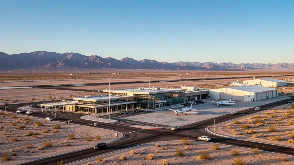Warm golden-hour view of a small desert airport runway and terminal near Blythe, California, with mountains in the distance.