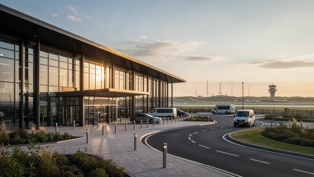 Modern glass terminal facade and drop-off forecourt at Blackpool Airport in Lancashire at golden hour, with open sky for website overlays