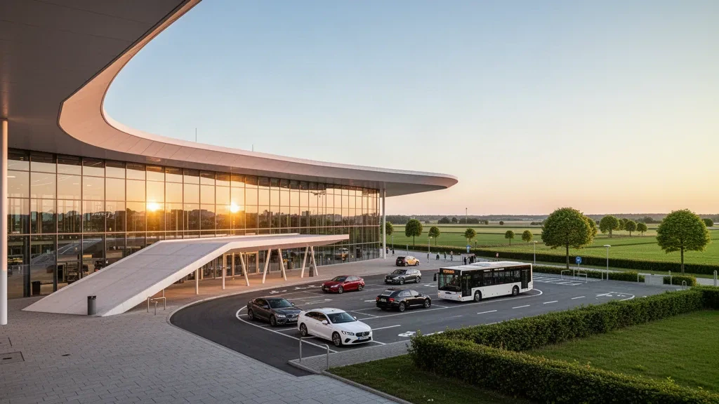 Extérieur moderne d'un terminal vitré et voies de dépose à l'aéroport de Billund dans le Jutland, au Danemark, photographié à l'heure dorée