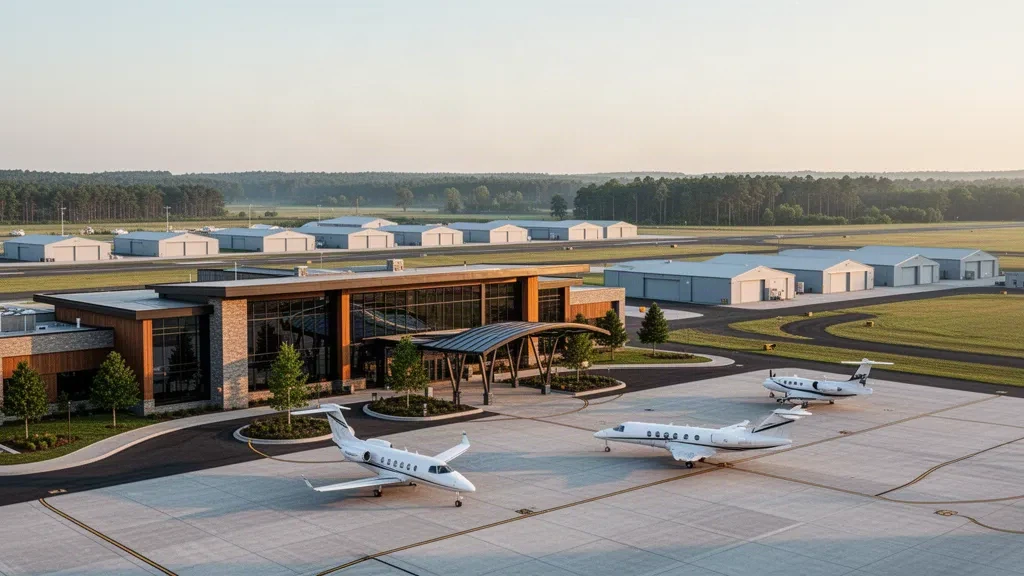 Terminal moderna, hangares y jets privados en la plataforma del aeropuerto Monmouth Executive en Wall Township, Nueva Jersey, a la hora dorada