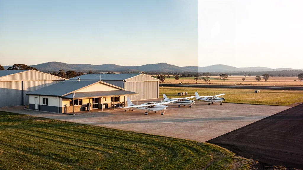 Veduta all'ora d'oro del terminal regionale di Benalla Airport, degli hangar e del piazzale per aeromobili leggeri nella campagna vittoriana, Australia.