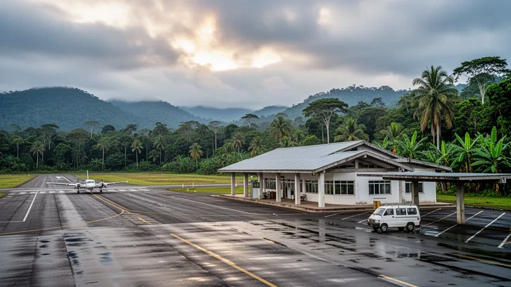 Niedriges Terminalgebäude und nasse Rollbahn am Flughafen Huallaga in Bellavista, Peru, umgeben von Amazonas-Regenwald unter einem feuchten Himmel