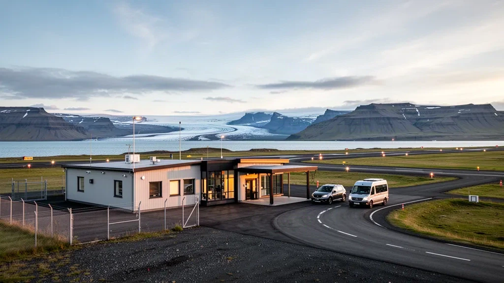 Pequeña terminal regional, plataforma y pista en el Aeropuerto de Blönduós, en el noroeste de Islandia, enmarcados por la bahía de Húnaflói y montañas lejanas