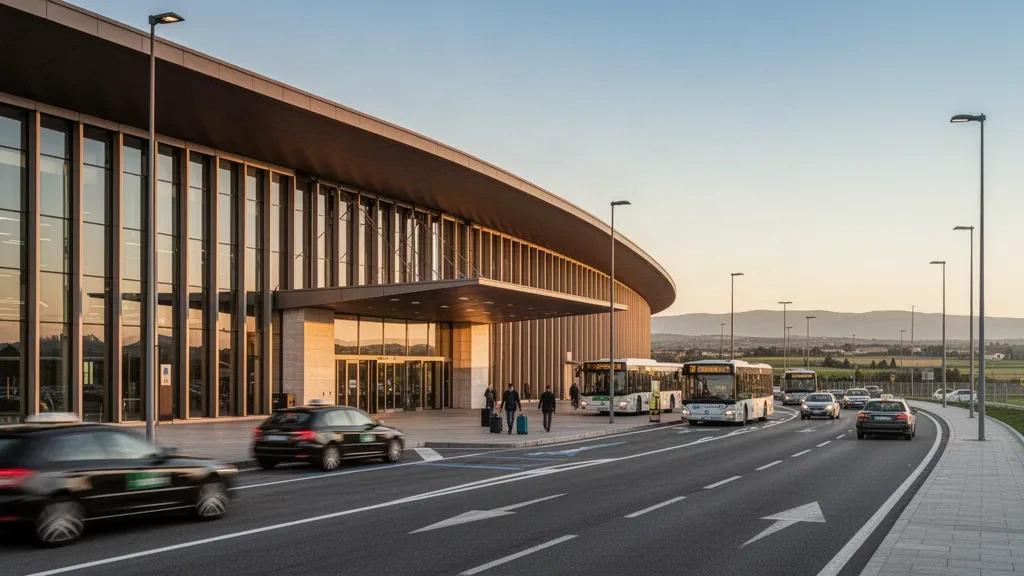 Extérieur moderne du terminal vitré et voies de dépose à l'aéroport de Bologne Guglielmo Marconi à l'heure dorée