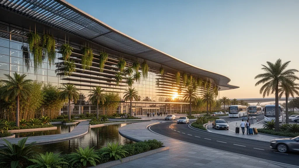 Extérieur moderne d'un terminal en verre et parvis paysager à l'Aéroport international Kempegowda de Bengaluru, vu à l'heure dorée depuis la route d'accès à l'aéroport