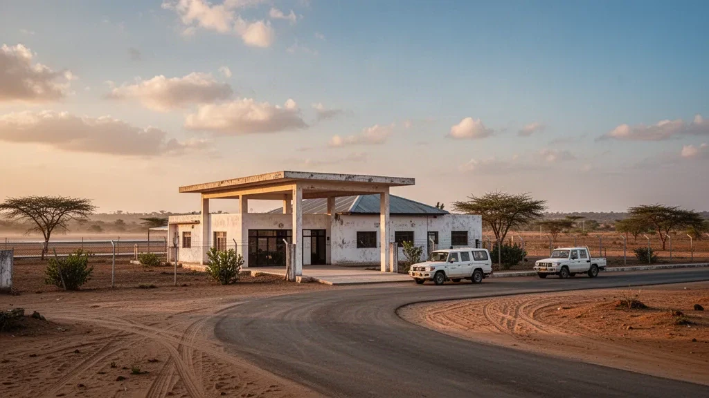Golden-hour view of Beledweyne Airport's low terminal building, dusty drop-off lane and arid Somali landscape in Hiran Region.
