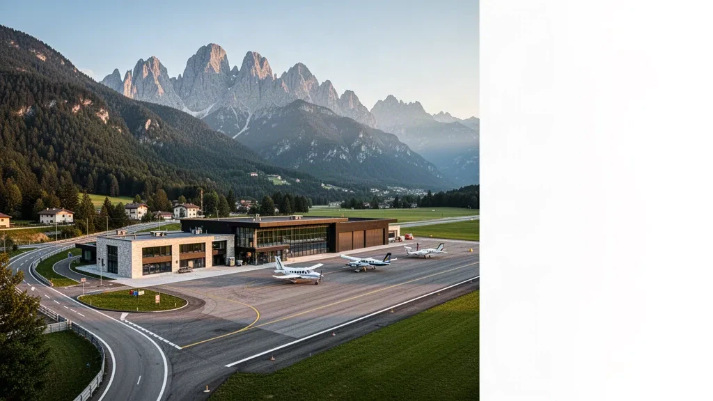 Vue en bord de piste de l'aéroport de Belluno Arturo dell'Oro avec de petits avions, des hangars et les Dolomites sous une lumière dorée.