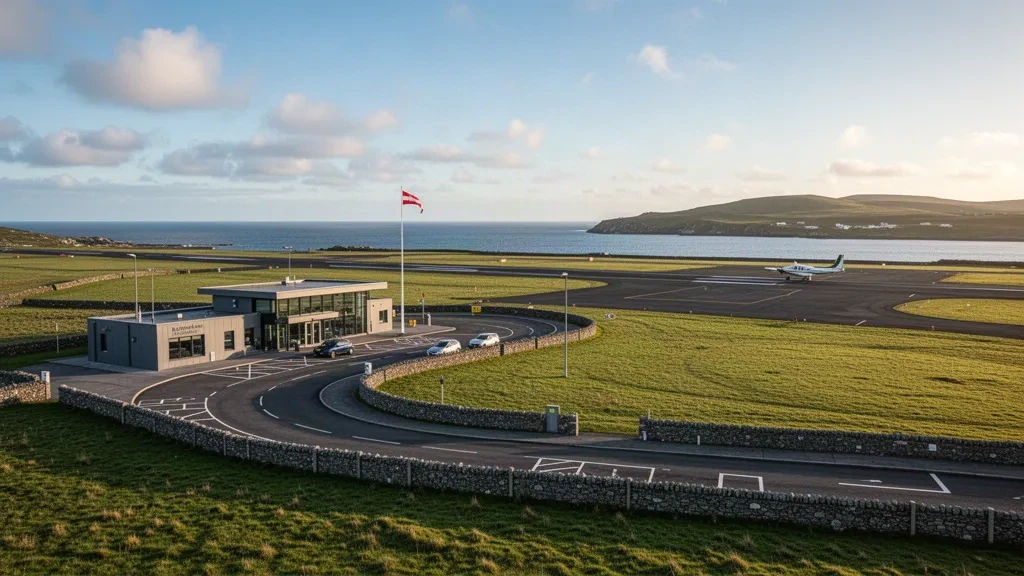İrlanda'nın County Mayo bölgesindeki Belmullet Havalimanı'nın altın saatlerde küçük terminali, erişim yolu, pisti ve kıyı manzarasıyla geniş görünümü.