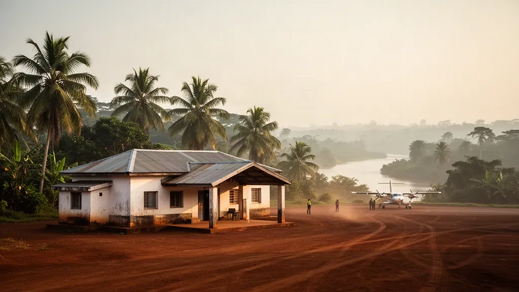 Edificio de terminal bajo y plataforma de laterita roja en el Aeropuerto de Bumba, en la República Democrática del Congo, bajo una cálida luz tropical