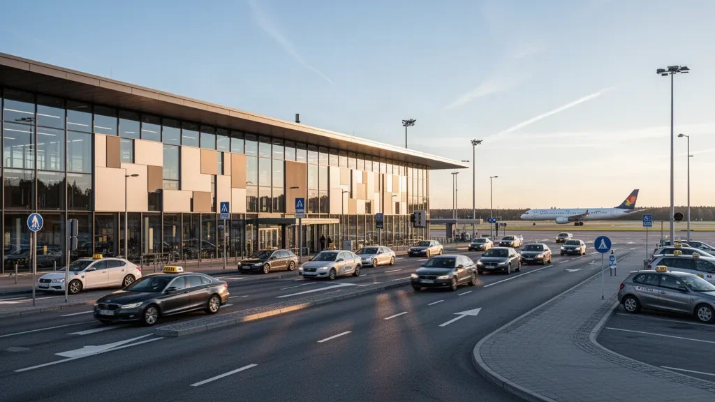 Stockholm Bromma Havalimanı'nda cam cepheli modern terminal binası, taksi yapan uçaklar ve altın saatlerde İskandinav ışığı.