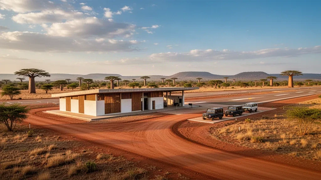 Terminal bas et piste de l'aéroport de Belo sur Tsiribihina à Madagascar, encadrés par un paysage tropical sec à l'heure dorée.