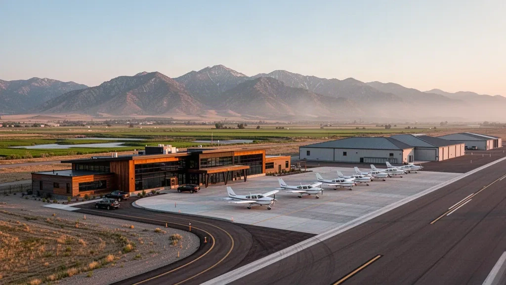 Utah'taki Brigham City Regional Havaalanı'nda küçük terminal ve hangarlar, apronda hafif uçaklar ve altın saatte Wasatch dağları.