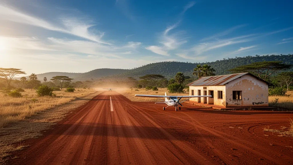 Petite piste rurale à l'aéroport de Bakouma en République centrafricaine, avec une piste en latérite rouge et un avion léger à l'heure dorée