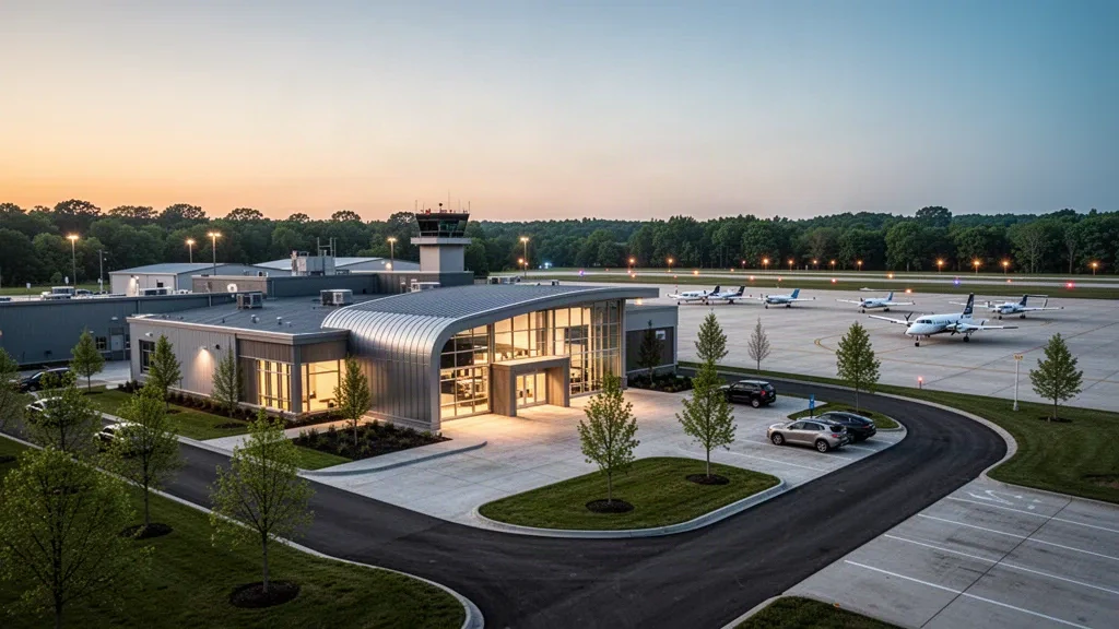 Modern glass terminal and apron at Monroe County Airport in Bloomington, Indiana, glowing during golden hour