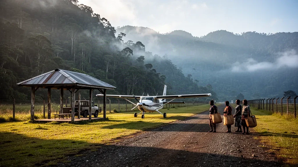 Piccola pista di atterraggio remota di montagna all'Aeroporto di Bomai in Papua Nuova Guinea con montagne verdi e nebbia mattutina