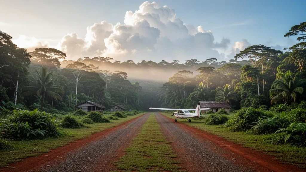 Kleines Buschflugzeug neben einer gerodeten Graspiste, umgeben von dichtem tropischem Regenwald im abgelegenen Guyana nahe Baramita