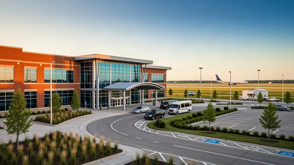 Außenansicht des Terminals des Central Illinois Regional Airport zur goldenen Stunde mit Bringspuren und Präriehorizont nahe Bloomington-Normal