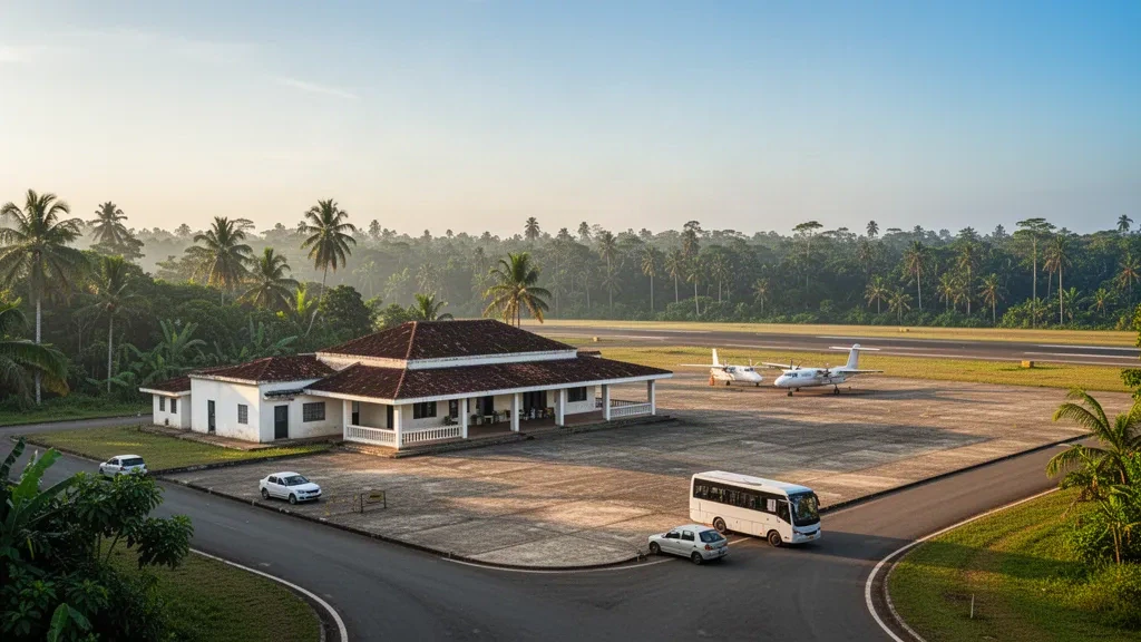 Small single-storey terminal and tropical apron at Bitam Airport in Gabon under warm late-afternoon light