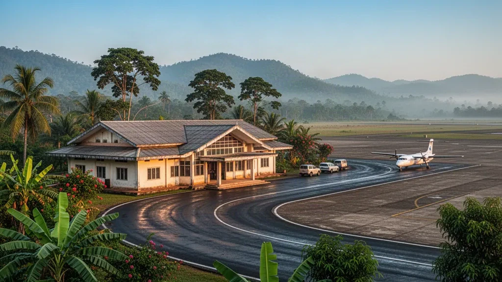 Schlichtes Terminalgebäude und Bringspur am Flughafen Banmaw im Kachin-Staat, Myanmar, umgeben von tropischem Grün und nebligen Hügeln