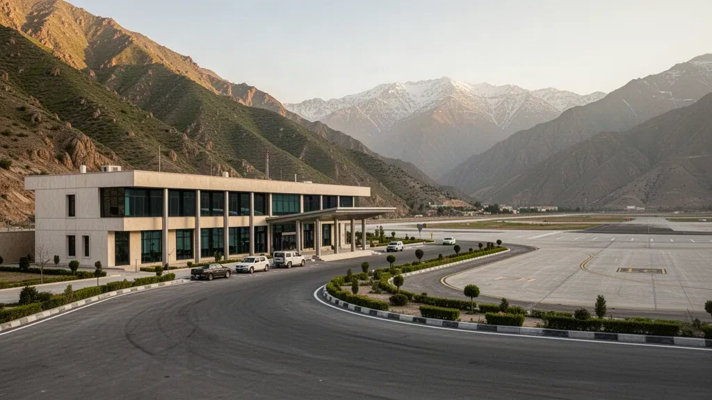 Petit terminal moderne et piste entourée de montagnes à l'aéroport de Bamarni, dans la vallée accidentée du Kurdistan près de Duhok, à l'heure dorée.