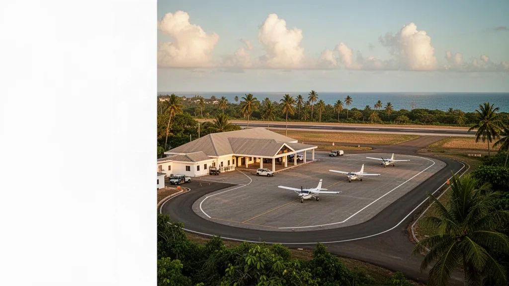 Low-rise coastal airport terminal and palm-lined runway at Bamburi Airport near Mombasa, Kenya, in warm late-afternoon light