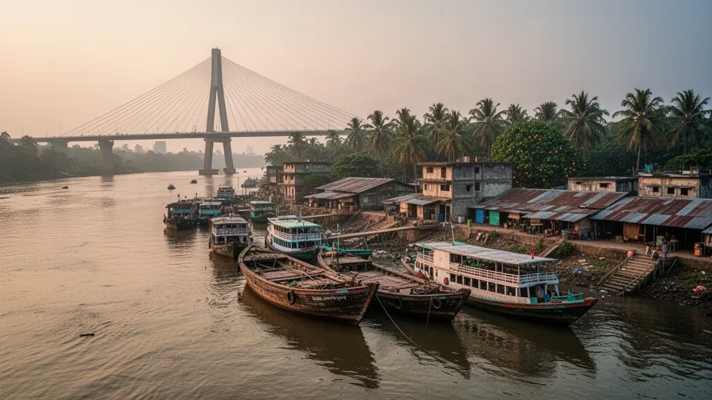 Wooden cargo boats on the Rupsha River beneath Khan Jahan Ali Bridge at golden hour in Khulna, Bangladesh