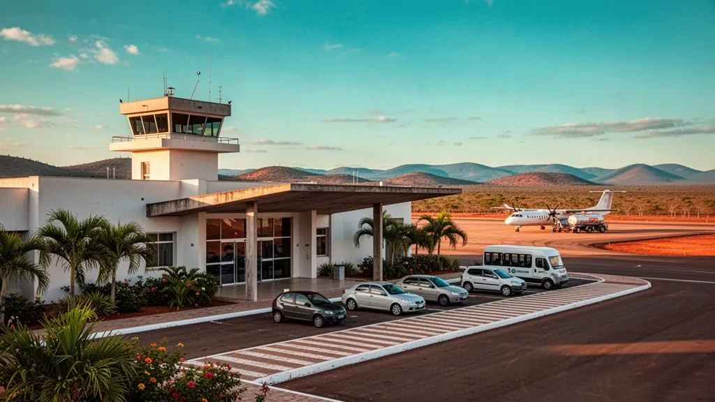 Brumado, Bahia'daki Sócrates Mariani Bittencourt Havalimanı'nın altın saat görünümü; bölgesel terminal, apron ve kurak sertão manzarası