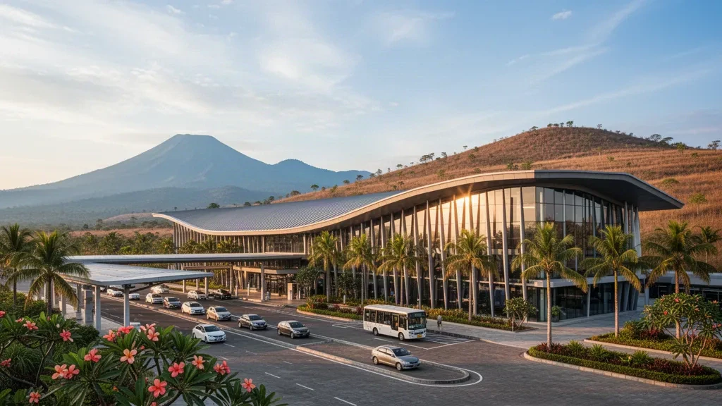 Moderno terminal dal tetto curvo e corsia di sosta per la salita e la discesa dei passeggeri fiancheggiata da palme presso l'Aeroporto Sultan Muhammad Salahuddin di Bima, Sumbawa, in una calda luce dorata