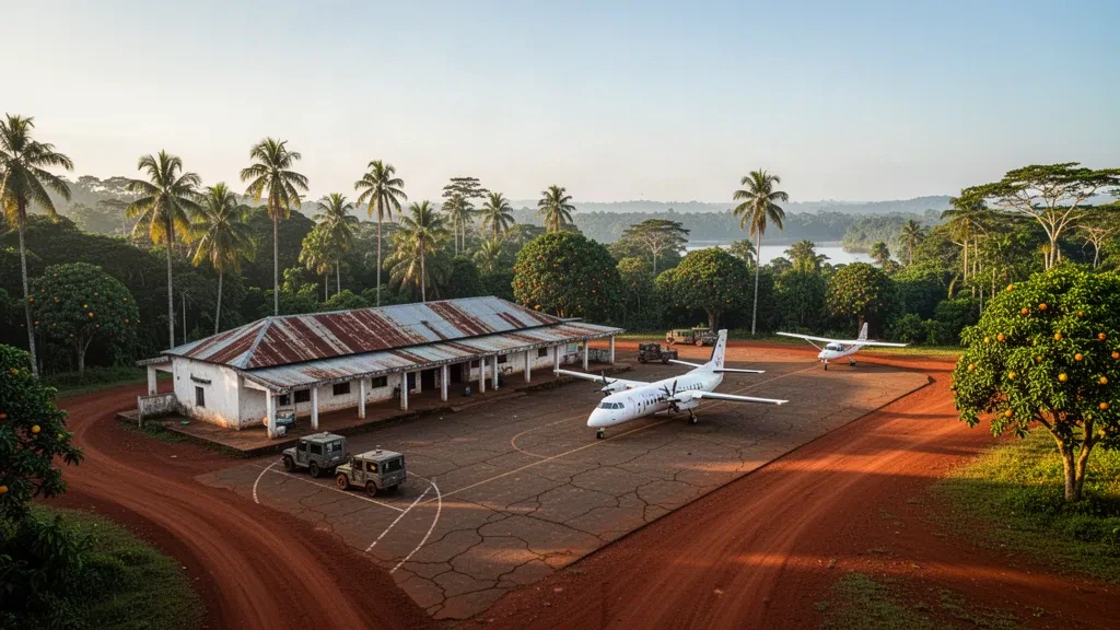 Regionales Terminal und Vorfeld am Flughafen Boende in der Provinz Tshuapa, DR Kongo, umrahmt von tropischem Regenwald zur goldenen Stunde