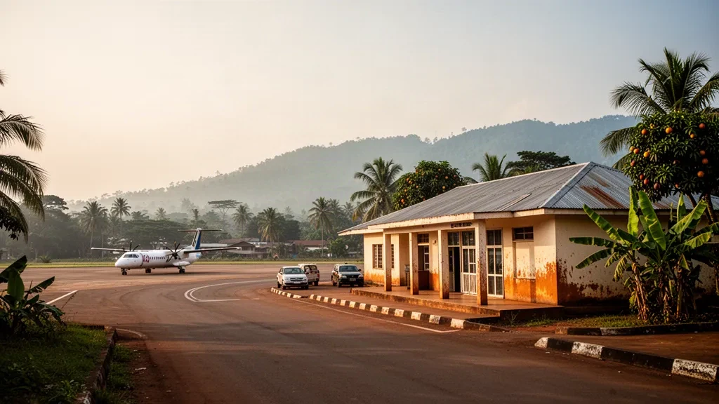 Terminal building and aircraft apron at Beni Airport in North Kivu, DR Congo, surrounded by tropical greenery and distant mountains