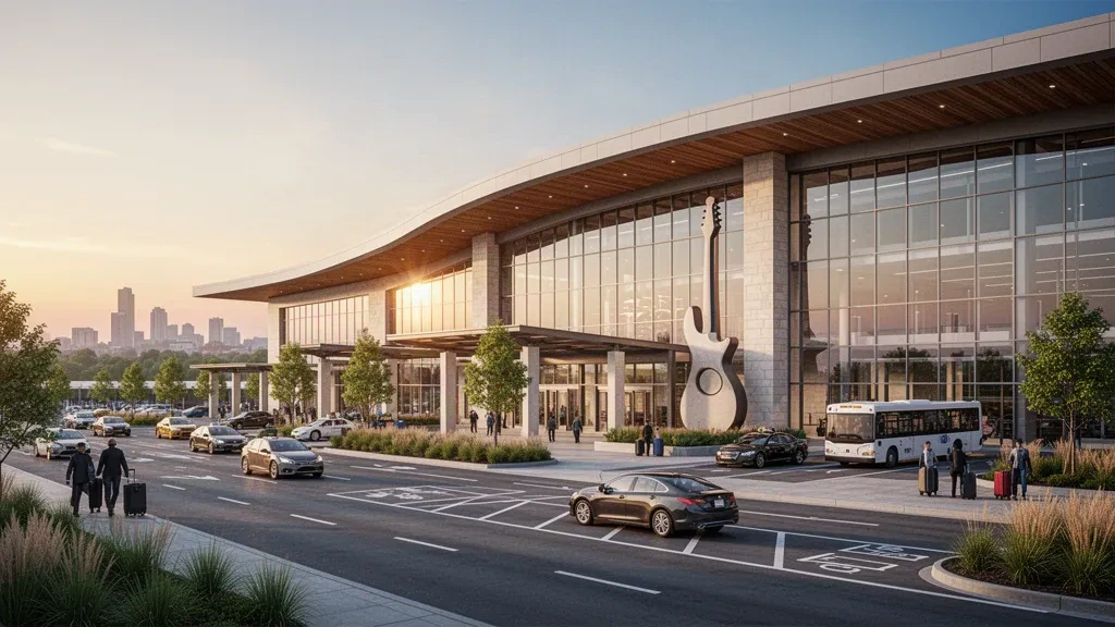 Extérieur moderne d'un terminal en verre et voies de dépose en bordure de trottoir à l'aéroport international de Nashville dans une chaude lumière dorée